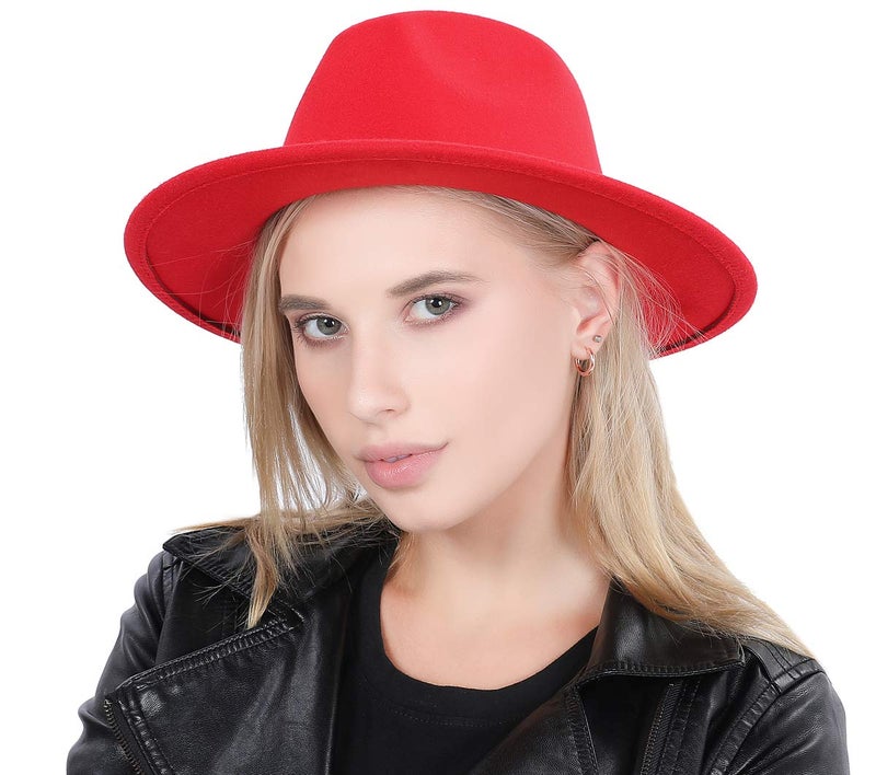 Lanzom Women Lady Retro Wide Brim Floppy Panama Hat Belt Buckle Wool Fedora Hat Fit Size 6 8/7-7 1/4 (Z Belt-Red, One Size) - Image 3